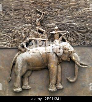 Thailand: King Naresuan of Siam (1555/1556 - 25 April 1605), victor of the Battle of Nong Sarai, on a war elephant.  Somdet Phra Naresuan Maharat, or Somdet Phra Sanphet II, was King of the Ayutthaya Kingdom from 1590 until his death in 1605. Naresuan was one of Siam's most revered monarchs as he was known for his campaigns to free Siam from Burmese rule. During his reign numerous wars were fought against Burma, and Siam reached its greatest territorial extent and influence. Stock Photo