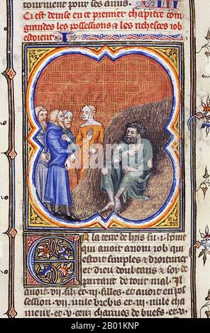 France/Belgium: 'Job on the Dung-hill is Tormented by His Wife and Comforted by His Friends'. Miniature painting from the Bible of Jean de Sy by Jean Bondol (fl. 1368-1381), 1372  Job is the central character of the Book of Job in the Hebrew Bible. Job is also recognised as a prophet of God in the Qur'an.  The Book of Job begins with an introduction to Job's character. He is described as a blessed man who lives righteously. God's praise of Job prompts Satan to challenge Job's integrity and suggesting that Job serves God simply because he protects him. Stock Photo