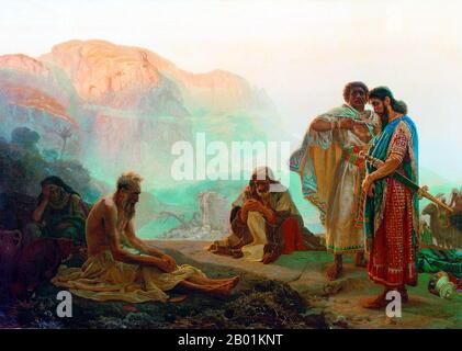 Russia: 'Job and His Friends'. Oil on canvas painting by Ilya Repin (24 July 1844 - 29 September 1930), 1869.  Job is the central character of the Book of Job in the Hebrew Bible. Job is also recognised as a prophet of God in the Qur'an.  The Book of Job begins with an introduction to Job's character. He is described as a blessed man who lives righteously. God's praise of Job prompts Satan to challenge Job's integrity and suggesting that Job serves God simply because he protects him. God removes Job's protection, allowing Satan to take his wealth, his children and his physical health. Stock Photo