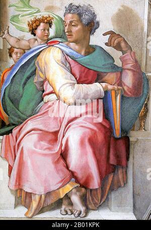 Italy: 'The Prophet Isaiah'. Fresco by Michelangelo (6 March 1475 - 18 February 1564) and his assistants, Sistine Chapel ceiling, Vatican City, c. 1508-1512.  Isaiah was a prophet in the 8th-century BCE Kingdom of Judah. Jews and Christians consider the Book of Isaiah a part of their Biblical canon; he is the first listed (although not the earliest) of the neviim akharonim, the later prophets. Many of the New Testament teachings of Jesus refer to the book of Isaiah. Stock Photo