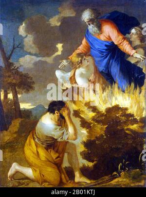 France: 'Moses and the Burning Bush'. Oil on canvas painting by Sébastien Bourdon (2 February 1616 – 8 May 1671), mid-17th century.  The burning bush is an object described by the Book of Exodus (3:1-21) as being located on Mount Sinai; according to the narrative, the bush was on fire, but was not consumed by the flames, hence the name.  In the narrative, the burning bush is the location at which Moses was appointed by God to lead the Israelites out of Egypt and into Canaan. Stock Photo