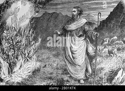 USA: 'Moses and the Burning Bush'. Illustration from the Holman Bible, 1890.  The burning bush is an object described by the Book of Exodus (3:1-21) as being located on Mount Sinai; according to the narrative, the bush was on fire, but was not consumed by the flames, hence the name.  In the narrative, the burning bush is the location at which Moses was appointed by God to lead the Israelites out of Egypt and into Canaan. Stock Photo