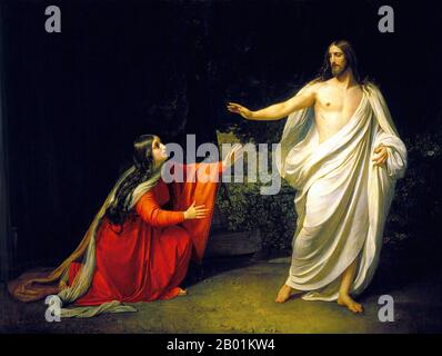 Russia: 'Appearance of Jesus Christ to Maria Magdalena'/'Noli Me Tangere (Touch Me Not)'. Oil on canvas painting by Alexander Andreyevich Ivanov (28 July 1806 - 16 July 1858), c. 1835.  Mary Magdalene was one of Jesus' most celebrated disciples, and the most important woman disciple in the movement of Jesus. Jesus cleansed her of 'seven demons', [Luke 8:2] [Mark 16:9] conventionally interpreted as referring to complex illnesses. She became most prominent during his last days, being present at the cross after the male disciples (excepting John the Beloved) had fled, and at his burial. Stock Photo