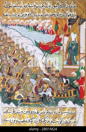 Turkey: 'The Battle of Badr'. Miniature painting by Lütfi Abdullah from the Siyer-I Nebi (Life of the Prophet), c. 1594.  The Battle of Badr, fought Saturday, 13 March 624 CE in the Hejaz region of western Arabia (present-day Saudi Arabia), was a key battle in the early days of Islam and a turning point in Muhammad's struggle with his opponents among the Quraish in Mecca. The battle has been passed down in Islamic history as a decisive victory attributable to divine intervention, or by secular sources to the strategic genius of Muhammad. Stock Photo