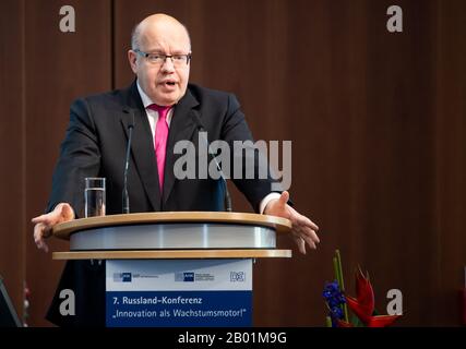Berlin, Germany. 18th Feb, 2020. Peter Altmaier (CDU), Federal Minister of Economics and Energy, speaks at the 7th Russia Conference of the Association of German Chambers of Industry and Commerce (DIHK) and the German-Russian Chamber of Commerce Abroad. Around 500 company representatives and numerous guests of honour from politics and business will take part in the conference with the motto 'Innovation as an engine of growth'. Credit: Bernd von Jutrczenka/dpa/Alamy Live News Stock Photo