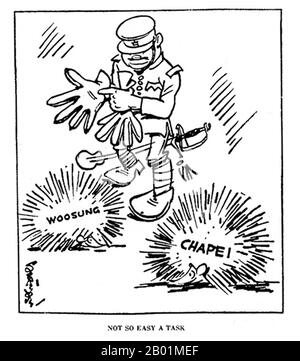 China: Japanese militarism in the Shanghai suburbs of Woosung and Chapei. A cartoon by 'Sapajou' Georgii Sapojnikoff (1893-1949), White Russian exile and cartoonist at the North China Daily News, Shanghai, 1925-1940.  Sapajou was the artistic nom de plume of Georgii Avksentievich Sapojnikoff, one-time Lieutenant of the Russian Imperial Army. He was a graduate of the Aleksandrovskoe Military School in Moscow, and saw action in World War I, in which he was gravely wounded. As a result of his wounds, which left him with a pronounced limp for the rest of his life, he was invalided out of the army. Stock Photo