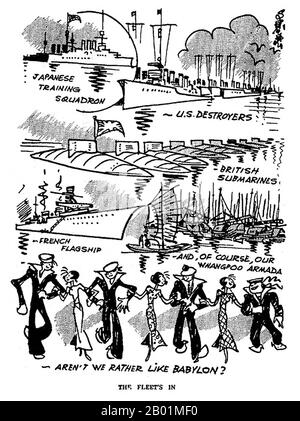 China: 'Aren't we rather like Babylon?' Shanghai in the 1930s. A cartoon by 'Sapajou' Georgii Sapojnikoff (1893-1949), White Russian exile and cartoonist at the North China Daily News, Shanghai, 1930s.  Sapajou was the artistic nom de plume of Georgii Avksentievich Sapojnikoff, one-time Lieutenant of the Russian Imperial Army. He was a graduate of the Aleksandrovskoe Military School in Moscow, and saw action in World War I, in which he was gravely wounded. As a result of his wounds, which left him with a pronounced limp for the rest of his life, he was invalided out of the army. Stock Photo