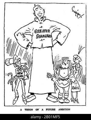 China: Greater Shanghai, 'a vision of future ambition'. A cartoon by 'Sapajou' Georgii Sapojnikoff (1893-1949), White Russian exile and cartoonist at the North China Daily News, Shanghai, 1925-1940.  Sapajou was the artistic nom de plume of Georgii Avksentievich Sapojnikoff, one-time Lieutenant of the Russian Imperial Army. He was a graduate of the Aleksandrovskoe Military School in Moscow, and saw action in World War I, in which he was gravely wounded. As a result of his wounds, which left him with a pronounced limp for the rest of his life, he was invalided out of the army. Stock Photo