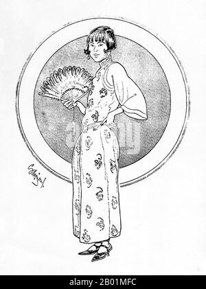 China: Shanghai girl. A cartoon by 'Sapajou' Georgii Sapojnikoff (1893-1949), White Russian exile and cartoonist at the North China Daily News, Shanghai, 1925-1940.  Sapajou was the artistic nom de plume of Georgii Avksentievich Sapojnikoff, one-time Lieutenant of the Russian Imperial Army. He was a graduate of the Aleksandrovskoe Military School in Moscow, and saw action in World War I, in which he was gravely wounded. As a result of his wounds, which left him with a pronounced limp for the rest of his life, he was invalided out of the army. Stock Photo