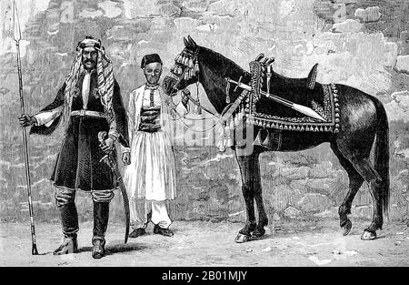 Sudan: Al-Zubayr Rahma Mansur Pasha (1830 - January 1913) with his horse and a retainer. Engraving from 'The Graphic', 26 April 1884.  Al-Zubayr Rahma Mansur, also known as Sebehr Rahma or Rahama Zobeir, was a Sudanese Arab slave trader in the late 19th century. He later became a pasha and Sudanese governor.  His reputation as a nemesis of General Charles Gordon meant he was bestowed a near-mythic status in England, where he was referred to as 'the richest and worst', a 'Slaver King' 'who [had] chained lions as part of his escort'. Stock Photo