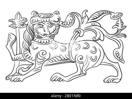 Sketch of an architectural detail in the shape of a decorative lion. Vector hand drawing illustration in black color isolated on white background. Gra Stock Vector