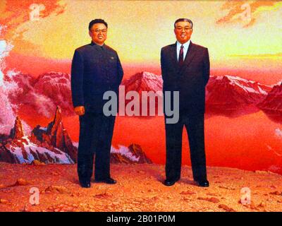 Korea: North Korean (DPRK) propaganda poster showing Kim Il Sung (in business suit) together with Kim Jong Il (in Mao suit) both beaming atop a mountain range, Pyongyang.  Socialist Realism is a style of realistic art which developed under Socialism in the Soviet Union and became a dominant style in other communist countries. Socialist Realism is a teleologically-oriented style having as its purpose the furtherance of the goals of socialism and communism Stock Photo