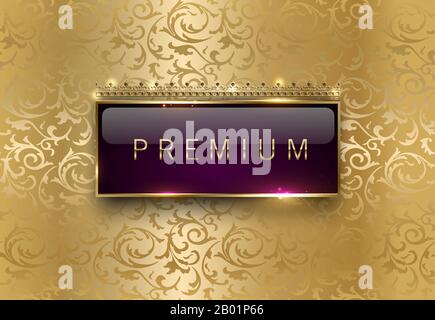 Premium purple label with rectangle golden frame crown on gold floral background. Royal glossy vip template. Vector luxury illustration. Vintage Stock Vector