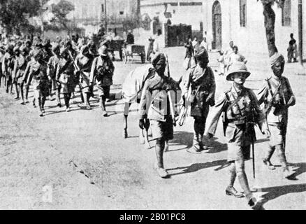 Palestine: British and British Indian troops in Palestine, 1918.  The Middle Eastern theatre of World War I was the scene of action between 29 October 1914, and 30 October 1918. The combatants were the Ottoman Empire, with some assistance from the other Central Powers, and primarily the British and the Russians among the Allies of World War I. There were five main campaigns: the Sinai and Palestine Campaign, the Mesopotamian Campaign, the Caucasus Campaign, the Persian Campaign and the Gallipoli Campaign. Stock Photo