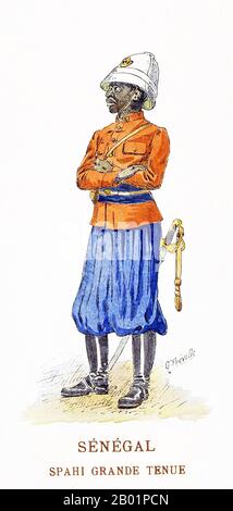 Senegal/France: A Senegalese Spahi. Watercolour painting by G. Freville, c. 1846.  Spahis were light cavalry regiments of the French army recruited primarily from the indigenous populations of Algeria, Tunisia and Morocco. The modern French Army retains one regiment of Spahis as an armoured unit, with personnel now recruited in mainland France. Senegal also maintains a spahi regiment as a presidential escort, the Red Guard. Stock Photo