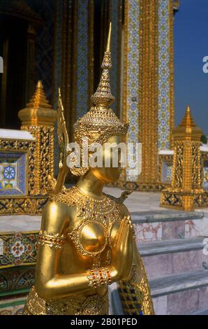 Thailand: Apsarasingha (female angel and lion), a mythological being from the Himavamsa Forest, Wat Phra Kaew, Bangkok.  Wat Phra Kaew (Temple of the Emerald Buddha); full official name Wat Phra Si Rattana Satsadaram is regarded as the most sacred Buddhist temple in Thailand. It is located within the precincts of the Grand Palace.  The Grand Palace served as the official residence of the Kings of Thailand from the 18th century onwards. Construction of the Palace began in 1782, during the reign of King Rama I, when he moved the capital across the river from Thonbu Stock Photo