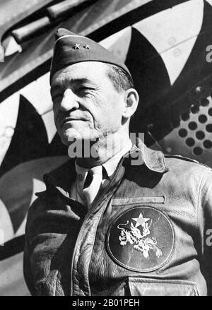 China/USA: Lieutenant General Claire Chennault (6 September 1893 - 27 July 1958), Commander of the Flying Tigers, posing at the air base in Kunming, 15 November 1944.  Lieutenant General Claire Lee Chennault was an American military aviator. A contentious officer, he was a fierce advocate of fight-interceptor aircraft during the 1930s when the U.S. Army Air Corps was focused primarily on high-altitude bombardment. Chennault retired in 1937, went to work as an aviation trainer and adviser in China, and commanded the 'Flying Tigers' during World War II. Stock Photo