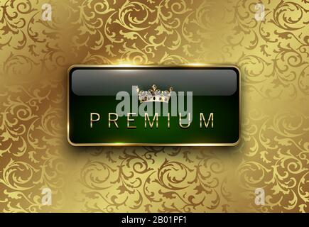 Premium green label with rectangle golden frame crown on gold floral background. Royal glossy vip template. Vector luxury illustration. Vintage Stock Vector