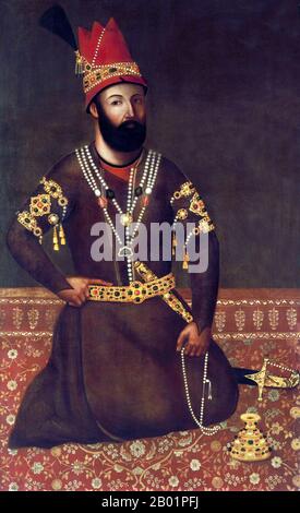 Iran/Persia: Nader Shah Afshar (6 August 1698 - 19 June 1747), Shah of Iran. Oil on canvas painting, c. 1780s-1790s.  Nāder Shāh Afshār, also known as Nāder Qoli Beg or Tahmāsp Qoli Khān, ruled as Shah of Iran (r. 1736-1747) and was the founder of the Afsharid dynasty. Because of his military genius, some historians have described him as the Napoleon of Persia or the Second Alexander. Nader Shah was a member of the Turkic Afshar tribe of northern Persia, which had supplied military power to the Safavid state since the time of Shah Ismail I. Stock Photo