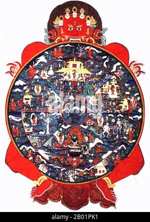 Tibet: Traditional Buddhist Thangka depicting the Wheel of Life with its six realms, c. 19th century.  The Bhavacakra (Sanskrit; Devanagari: भवचक्र; Pali: bhavacakka) or 'Wheel of Becoming' is a symbolic representation of continuous existence in the form of a circle, used primarily in Tibetan Buddhism. Stock Photo