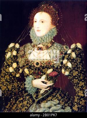 England: Queen Elizabeth I (7 September 1533 - 24 March 1603), represented in the 'Phoenix' portrait. Oil on panel painting attributed to Nicholas Hilliard, (c. 1547 - 7 January 1619) c. 1575.  Elizabeth I was Queen regnant of England and Queen regnant of Ireland from 17 November 1558 until her death. Sometimes called The Virgin Queen, Gloriana, or Good Queen Bess, Elizabeth was the fifth and last monarch of the Tudor dynasty. Elizabeth I's foreign policy with regard to Asia, Africa and Latin America demonstrated a new understanding of the role of England as a maritime, Protestant power. Stock Photo