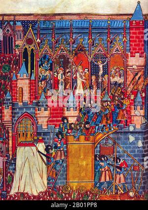 Palestine: The Siege of Jerusalem during the First Crusade (7 June - 15 July 1099). Miniature painting by Guillaume de Tyr/William of Tyre (1130 - 29 September 1186) from a copy of the Histoire d'Outremer, c. 13th century.  The Siege of Jerusalem took place from June 7 to July 15, 1099 during the First Crusade. The Crusaders stormed and captured the city from Fatimid Egypt.  Throughout the siege, attacks were made on the walls, but each one was repulsed. The Genoese troops, led by commander Guglielmo Embriaco, had previously dismantled their ships and used the wood to make siege towers. Stock Photo