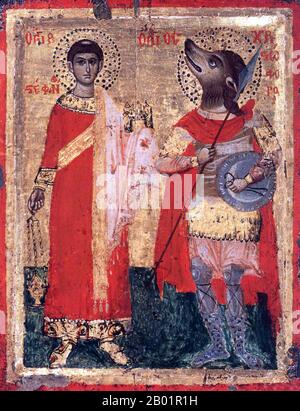 Greece/Byzantium: Traditional icon of St Stephen and St Christopher, the latter represented with a dog's head. Egg tempera on oak panel, c. 1700.  In Eastern Orthodox icons, Saint Christopher is often represented with the head of a dog. Stock Photo