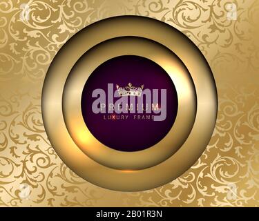 Vector luxury vintage round frame golden background. Vip invitation or announcement card paper cut design. Gold floral pattern and purple color Stock Vector