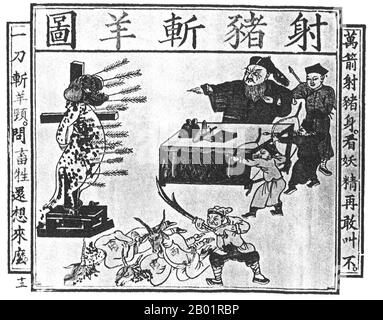 China: Anti-western cartoon. Woodblock print from the Bixi Jishi, c. 1871.  The Boxer Rebellion, also known as Boxer Uprising or Yihetuan Movement, was a proto-nationalist movement by the Righteous Harmony Society in China between 1898 and 1901, opposing foreign imperialism and Christianity.  The uprising took place in response to foreign spheres of influence in China, with grievances ranging from opium traders, political invasion, economic manipulation, to missionary evangelism. In China, popular sentiment remained resistant to foreign influences, and anger rose over the 'unequal treaties'. Stock Photo