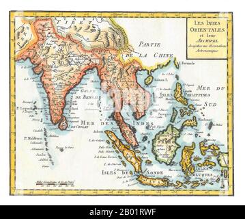 Asia/Indian Ocean: 'East Indies'. Hand-coloured map by Joseph de La Porte (19 January 1714 - 19 December 1779) from  his 'Atlas Moderne Portatif', 1799.  East Indies is a term used by Europeans from the 16th century onwards to identify what is now known as the Indian subcontinent or South Asia, Southeastern Asia, and the islands of Oceania, including the Malay Archipelago and the Philippines. The term has traditionally excluded China, Japan, and other countries to the north of India and the Himalayas.  The names 'India' and 'the Indies', derived from the Indus River in modern-day Pakistan. Stock Photo