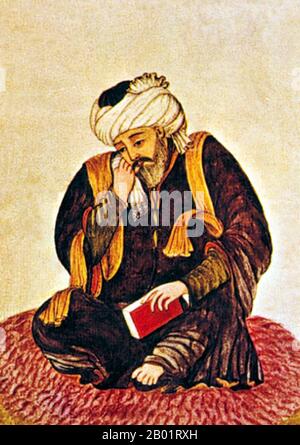 Iran/Syria: Persian poet Hafez Shirazi (c. 1325-1390). Miniature painting held in the National Museum of Damascus, 14th century.  Khwāja Shamsu d-Dīn Muhammad Hāfez-e Shīrāzī, known by his pen name Hāfez, was a Persian lyric poet. His collected works composed of series of Persian poetry (Divan) are to be found in the homes of most Persian speakers in Iran and Afghanistan, as well as elsewhere in the world, who learn his poems by heart and use them as proverbs and sayings to this day. His life and poems have been the subject of much analysis, commentary and interpretation. Stock Photo