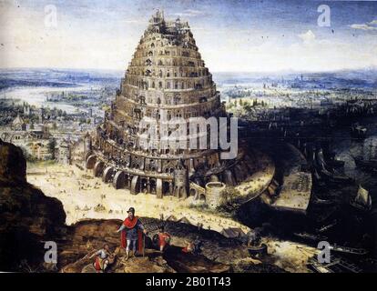 Belgium/Iraq/Mesopotamia: 'The Tower of Babel'. Oil on panel painting by Lucas Van Valckenborch (1535 - 2 February 1597), 1594.  The Tower of Babel, according to the Book of Genesis, was an enormous tower built in the plain of Shinar.  According to the biblical account, a united humanity of the generations following the Great Flood, speaking a single language and migrating from the east, came to the land of Shinar, where they resolved to build a city with a tower 'with its top in the heavens...lest we be scattered abroad upon the face of the Earth'. Stock Photo
