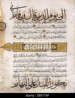 Yemen: Folio from a Qur'an written in four different styles of script - Naskhi, Muhaqqaq, Kufic and Thuluth, c. 1300-1350.  Unusually, this leaf from a Qur'an exhibits four different types of script. Eastern Kufi is used for the framed, illuminated chapter heading for sura 20 and the round markers for each tenth verse. In addition Naskh is used for the main text; Muhaqqaq is used in the black lines contoured with gold; and Thuluth is used for the golden centre lines. Stock Photo