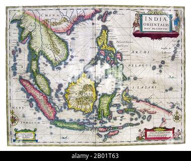 Asia: India Orientalis Nova Descriptio. Map by Dutch cartographer Jan Jansson (1588-1664), 1636.  An early map of Southeast Asia showing the extent and limitations of European knowledge of the region. While the larger islands of Indonesia are charted with some accuracy, the southern coast of Java and the Lesser Sundas are charted only in general outline, and New Guinea is particularly incomplete.  In all areas we see coastal features and settlements, but there is little interior detail. The Philippines are well described, and the Mariana Islands (Ladrones) are given undue size and prominence. Stock Photo