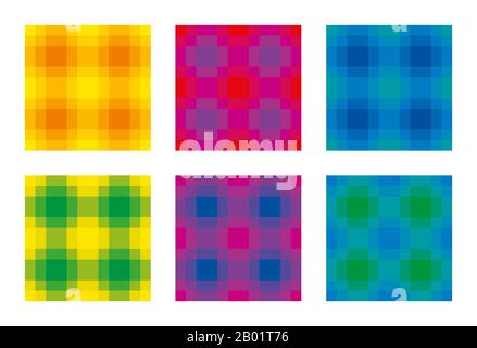 Six colorful check pattern, seamless square tiles. Also called checker or chequer. Step patterns are textures, used for textiles. Horizontal and verti Stock Photo