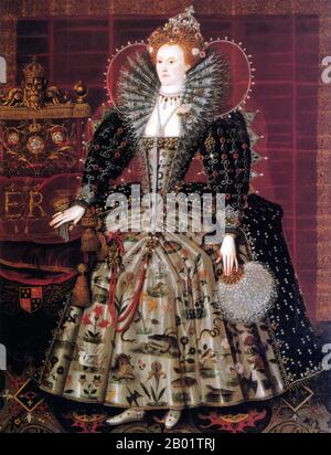 England: Queen Elizabeth I (7 September 1533 - 24 March 1603). The 'Hardwick Hall' portrait from the studio of Nicholas Hilliard (c. 1547-1619), c. 1599.  Elizabeth I of the House of Tudor was Queen of England and Ireland from 17 November 1558 until her death in 1603. The only surviving child of Henry VIII and his second wife, Anne Boleyn, she was initially declared illegitimate due to Anne's execution and her marriage annulment; Henry later restored her to the line of succession however. She was temporarily imprisoned during her half-sister Mary's reign, but became queen after Mary's death. Stock Photo