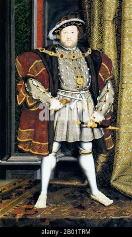 England: King Henry VIII (28 June 1491 - 28 January 1547), standing on an Ushak Turkish carpet. Oil on canvas painting by Hans Holbein the Younger (1497-1543), c. 1537.  Henry VIII of the House of Tudor was King of England from 22 April 1509 until his death in 1547. Henry was infamous for his six marriages and his initiation of the English Reformation, due to his disagreement with Pope Clement VII about his desire to have his first marriage to Catherine of Aragon annulled. Under his rule the Church of England separated from papal authority, with him as Supreme Head of the Church of England. Stock Photo