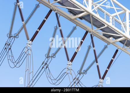 Close up of an new Dutch electricity distribution station with large isolators Stock Photo