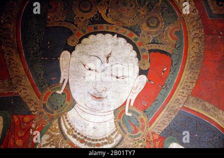 China: Detail of a mural of Tara, Tibetan school, c. Tang Dynasty (618-907).  Tara, also known as Jetsun Dolma (Tibetan: rje btsun sgrol ma) in Tibetan Buddhism, is a female Bodhisattva in Mahayana Buddhism who appears as a female Buddha in Vajrayana Buddhism. She is known as the 'mother of liberation', and represents the virtues of success in work and achievements. In Japan she is known as Tarani Bosatsu, and as Tuoluo in Chinese Buddhism.  Tara is a tantric meditation deity whose practice is used by practitioners of the Tibetan branch of Vajrayana Buddhism to develop certain inner qualities. Stock Photo