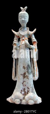 China: A terracotta sculpture of a lady of the court in elaborate dress, 7th-8th century.  The Tang Dynasty (18 June 618 - 1 June 907) was an imperial dynasty of China preceded by the Sui Dynasty and followed by the Five Dynasties and Ten Kingdoms Period. It was founded by the Li (李) family, who seized power during the decline and collapse of the Sui Empire. The dynasty was interrupted briefly by the Second Zhou Dynasty (8 October 690 - 3 March 705) when Empress Wu Zetian seized the throne, becoming the first and only Chinese empress regnant, ruling in her own right. Stock Photo