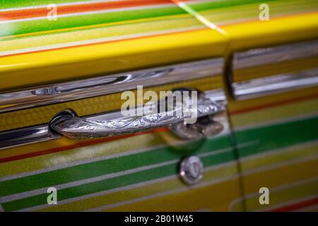 Close up of customised American Chevrolet Impala car by name of Tipsy/Guardian Angel, exhibited at the Victoria and Albert Museum, London UK Stock Photo