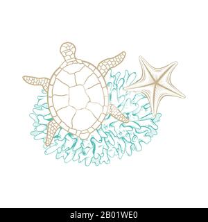 Marine art line design, vector sea turtle in mosaic style, sketch corals and starfish. Ocean and sea water life, tropical paradise and nautical line drawing composition in gold and turquoise color Stock Vector
