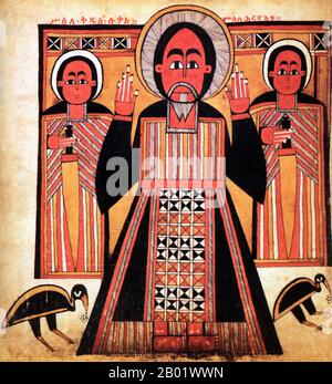 Ethiopia: Saint Luke the Evangelist, accompanied by two disciples. Painting on parchment, early 17th century.  Christianity in Ethiopia dates to the 1st century CE, and this long tradition makes Ethiopia unique amongst sub-Saharan African countries. Christianity in this country is divided into several groups. The largest and oldest is the Ethiopian Orthodox Tewahedo Church which is an Oriental Orthodox church in Ethiopia that was part of the Coptic Orthodox Church until 1959, when it was granted its own Patriarch by Coptic Orthodox Pope of Alexandria and Patriarch of All Africa Cyril VI. Stock Photo