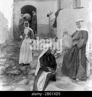 Palestine: Druze women, village of Dalieh, Mount Carmel, c. 1900.  Palestine is a name given to the geographic region between the Mediterranean Sea and the Jordan River. The region is also known as the Land of Israel, the Holy Land and the Southern Levant.  In 1832 Palestine was conquered by Muhammad Ali's Egypt, but in 1840 Britain intervened and returned control of the Levant to the Ottomans in return for further capitulations. The end of the 19th century saw the beginning of Zionist immigration and the Revival of the Hebrew language. Stock Photo