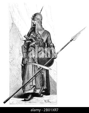 Egypt/Syria: A Mamluk soldier in full armour. Illustration by Georg Moritz Ebers (1837-1898), 1878.  Mamluk (mamālīk plural), 'owned'; also called Mamlouk, Kölemen, Mamluq, Mamluke, Mameluk, Mameluke, Mamaluke or Marmeluke.  A Mamluk is a soldier of slave origin, predominantly Cuman or Kipchak and later Circassian and Georgian. The 'Mamluk phenomenon', as David Ayalon dubbed the creation of the specific warrior class, was of great political importance and was extraordinarily long-lived, lasting from the 9th to the 19th century CE. Over time, Mamluks became a powerful military caste. Stock Photo