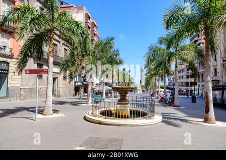 Plaza de la Candelaria. A picturesque mainly pedestrianised palm tree lined street Santa Cruz de Tenerife, Canary Islands. Stock Photo