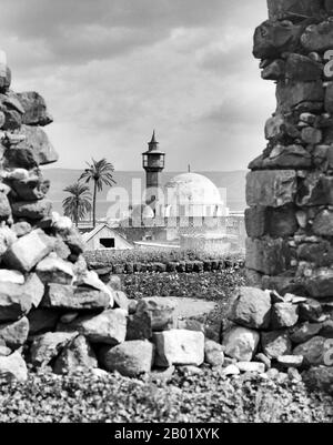 Palestine: The Old Mosque at Tiberias, Galilee, c. 1910.  Palestine is a name given to the geographic region between the Mediterranean Sea and the Jordan River. The region is also known as the Land of Israel, the Holy Land and the Southern Levant.  In 1832 Palestine was conquered by Muhammad Ali's Egypt, but in 1840 Britain intervened and returned control of the Levant to the Ottomans in return for further capitulations. The end of the 19th century saw the beginning of Zionist immigration and the Revival of the Hebrew language. Stock Photo