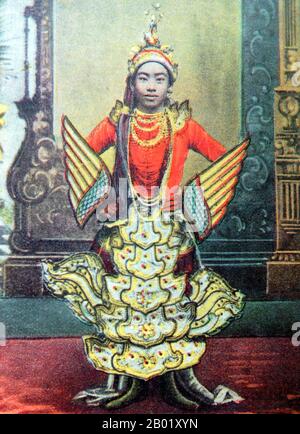 Burma/Myanmar: Aung Bala, a celebrated Burman dancer and female impersonator, playing the role of Dway Mai Naw, the Kinnari Princess. Postcard, c. 1915.  Dance in Burma can be divided into dramatic, folk and village, and nat dances, each having distinct characteristics. Although Burmese dance has been influenced by the dance traditions of its neighbours, in particular Thailand, it retains unique qualities that distinguish it from other regional styles, including angular, fast-paced and energetic movements and emphasis on pose, not movement. Stock Photo