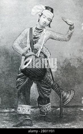 Burma/Myanmar: The ah-nyeint Minthamee Aye Sein dressed as a Mintha and performing the Ozi dance, c. 1910.  Dance in Burma can be divided into dramatic, folk and village, and nat dances, each having distinct characteristics. Although Burmese dance has been influenced by the dance traditions of its neighbours, in particular Thailand, it retains unique qualities that distinguish it from other regional styles, including angular, fast-paced and energetic movements and emphasis on pose, not movement.  Various types of Burmese music use an array of traditional musical instruments. Stock Photo