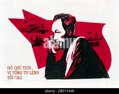 Vietnam: Communist propaganda poster - 'Act decisively against the American invaders to protect our children's sleep'.  The Second Indochina War, known in America as the Vietnam War, was a Cold War era military conflict that occurred in Vietnam, Laos, and Cambodia from 1 November 1955 to the fall of Saigon on 30 April 1975. This war followed the First Indochina War and was fought between North Vietnam, supported by its communist allies, and the government of South Vietnam, supported by the U.S. and other anti-communist nations. Stock Photo